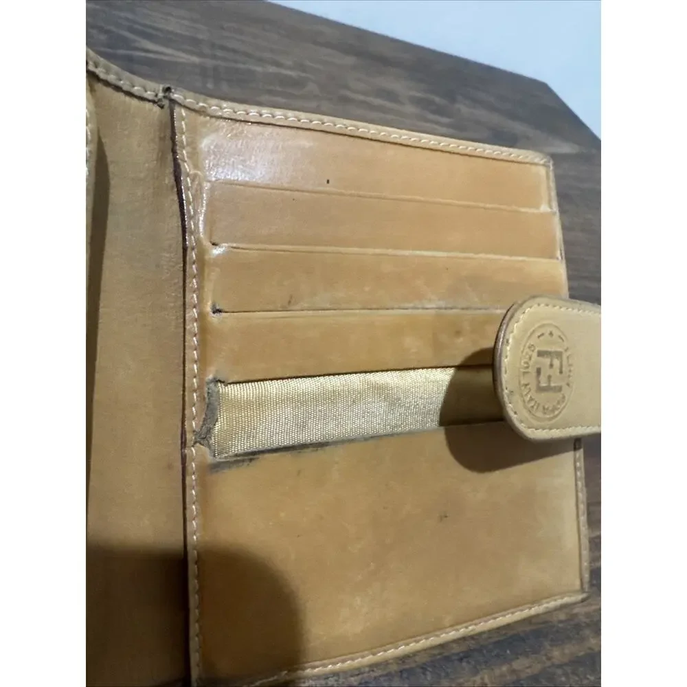FENDI VINTAGE ZUCCA FF CANVAS LEATHER WALLET BIFOLD COIN CARD ITALY BROWN